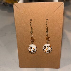 Elegant Gold and Orange Floral Drop Earrings made by college student NWT
